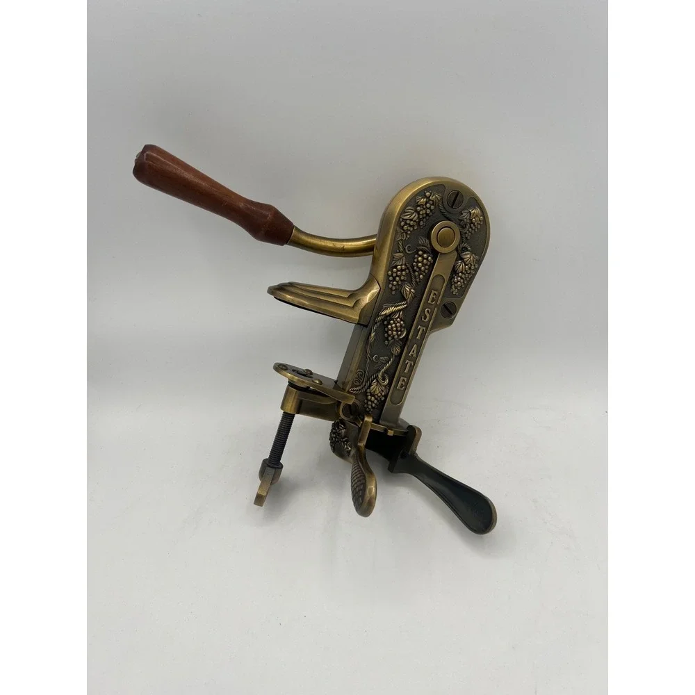 VTG Estate Brass Lever Wine Bottle Corkscrew Wood Handle Table Mount Wine Opener
